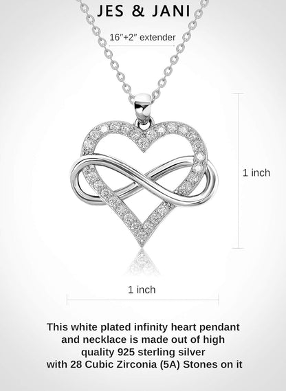 Infinity Heart Necklace for Women, Love Heart Pendant with Cubic Zirconia and Infinity Necklace, 925 Sterling Silver Heart Necklace for Girlfriend